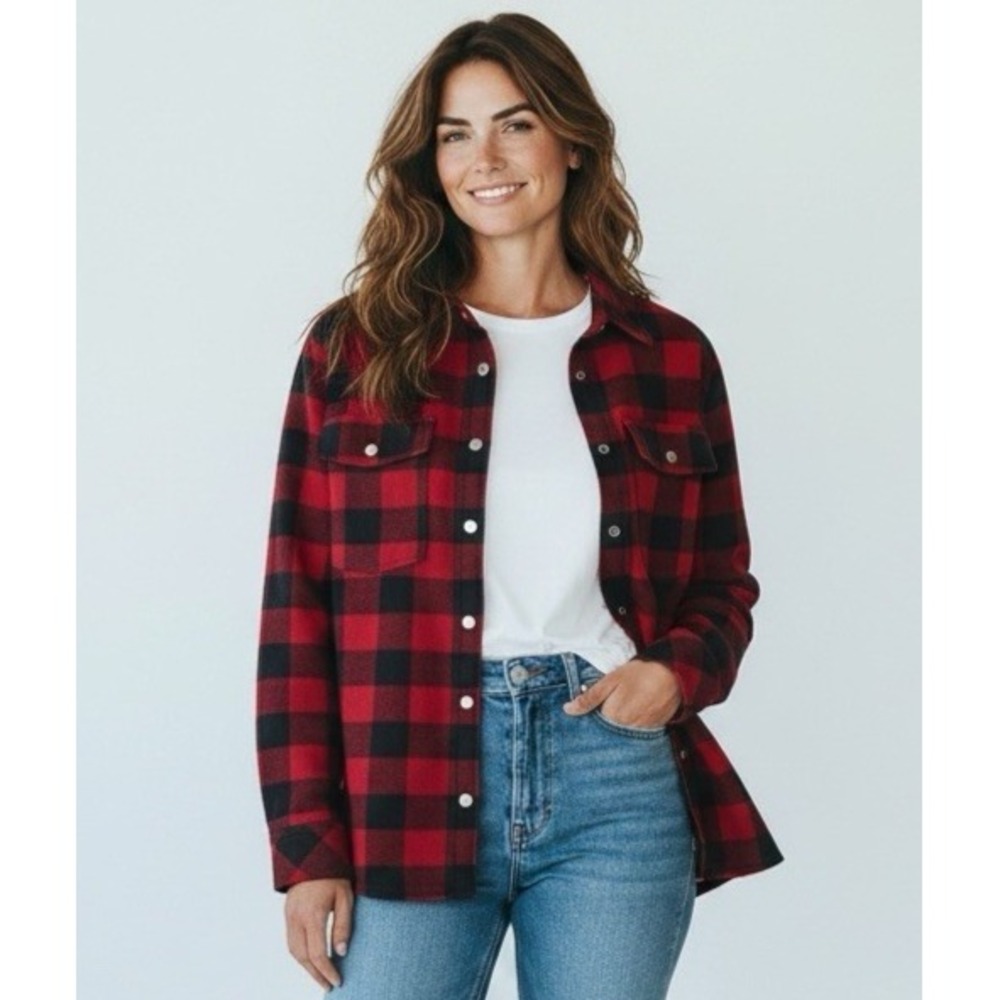 Orvis Women's L Snap Shacket Fleece Lined Red Black Buffalo Plaid EUC